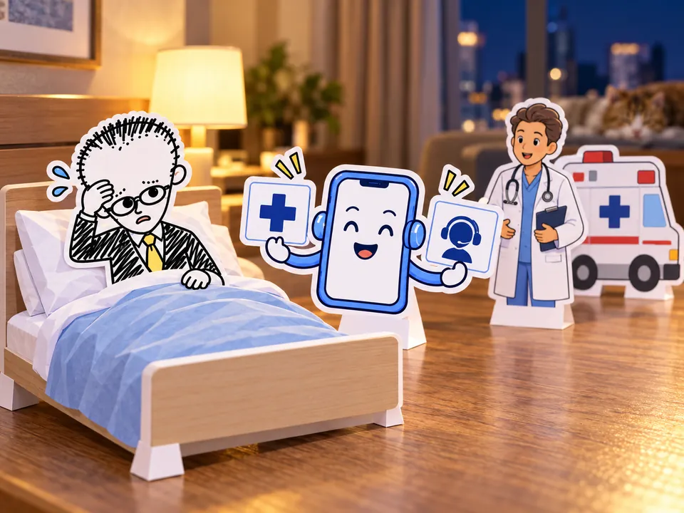 旅先のホテルで体調を崩した出張者と、医療と窓口への連絡を示すAIのイラスト