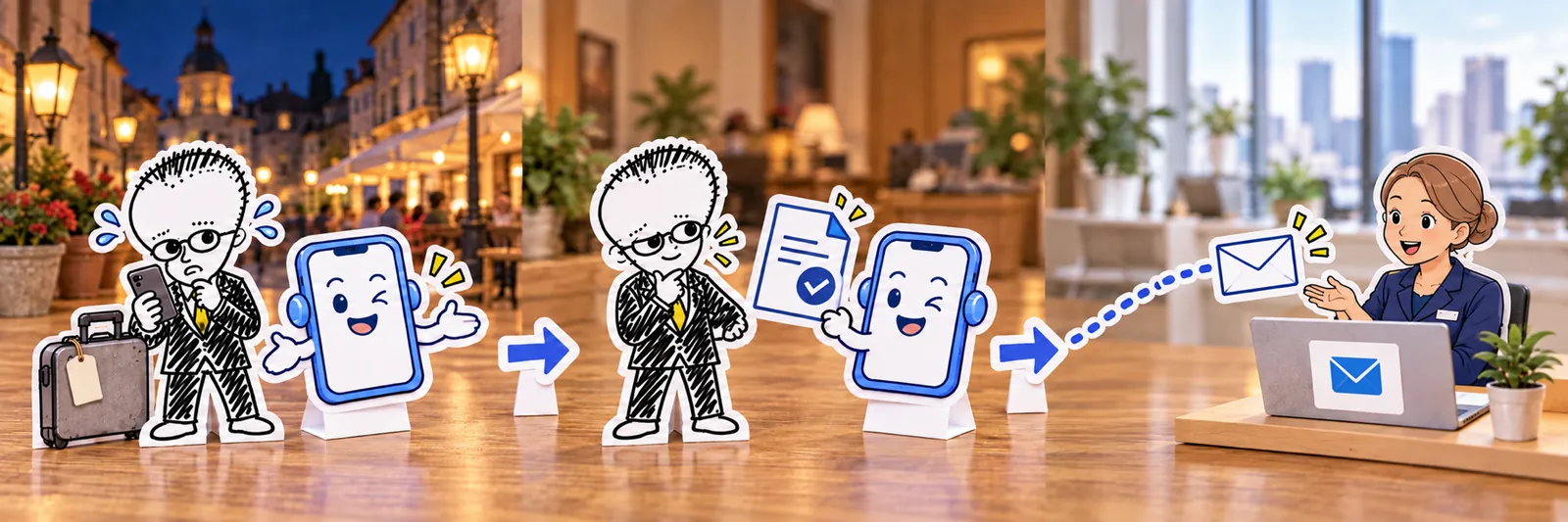 旅先でAIに相談し、本人が下書きを確かめ、会社に第一報が届くまでの流れのイラスト