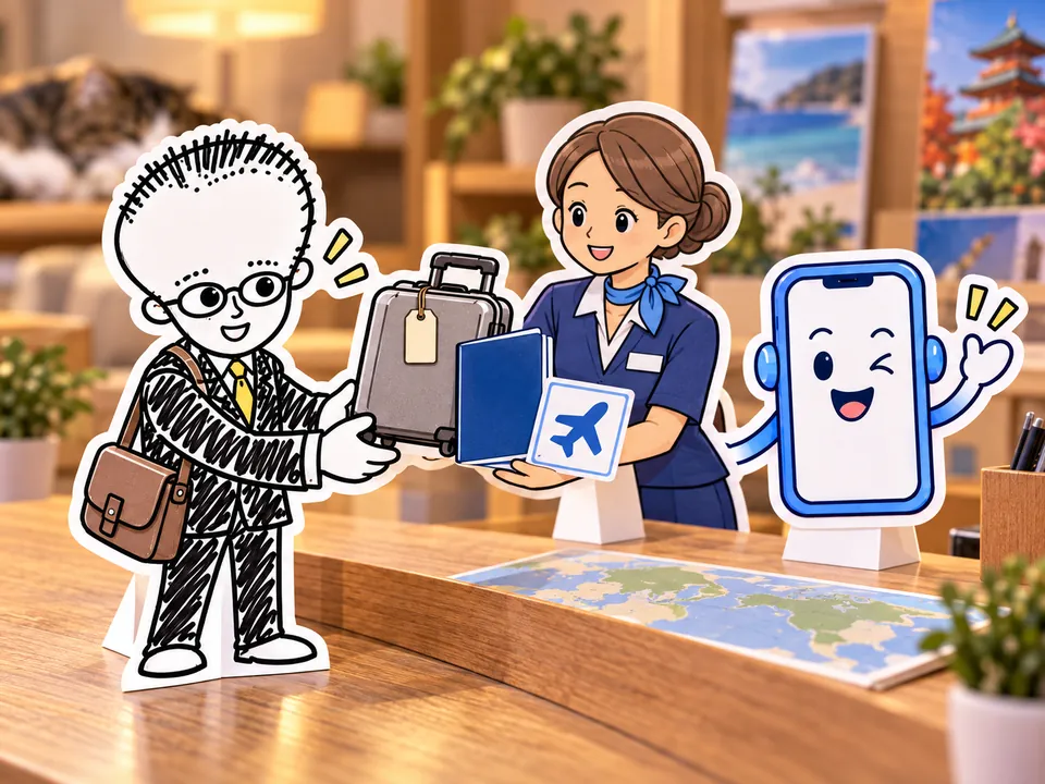 旅行会社のカウンターで、旅の一式と一緒にAIを手渡すイラスト