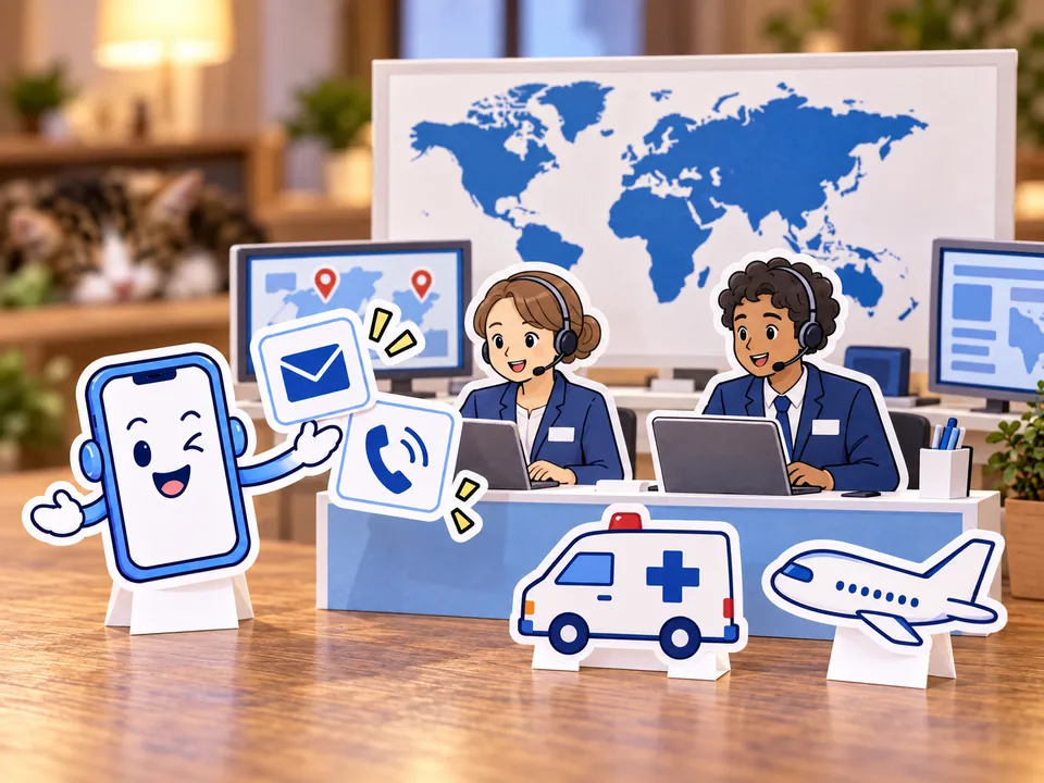 危機管理会社の担当者に、電話と第一報を届けるAIのイラスト