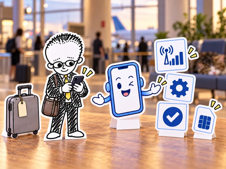 到着した空港で、通信の確かめ方を示すAIのイラスト