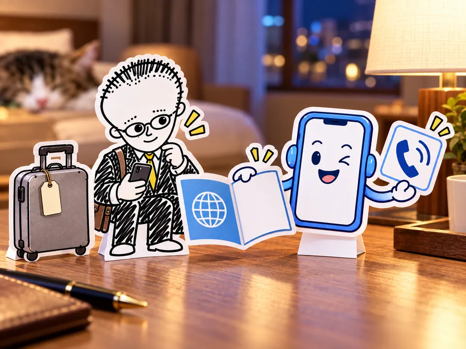 夜のホテルの机で、ガイドブックの内容を電話につなぐAIのイラスト