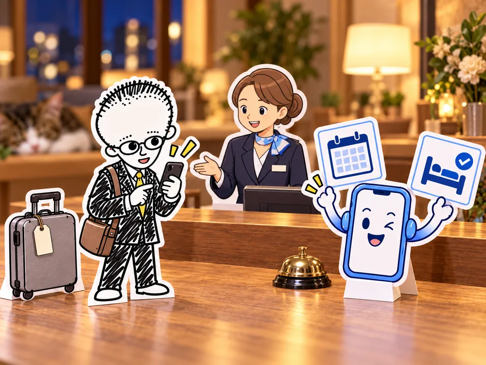 夜のホテルのフロントで、予約の確認を頼む出張者とAIのイラスト