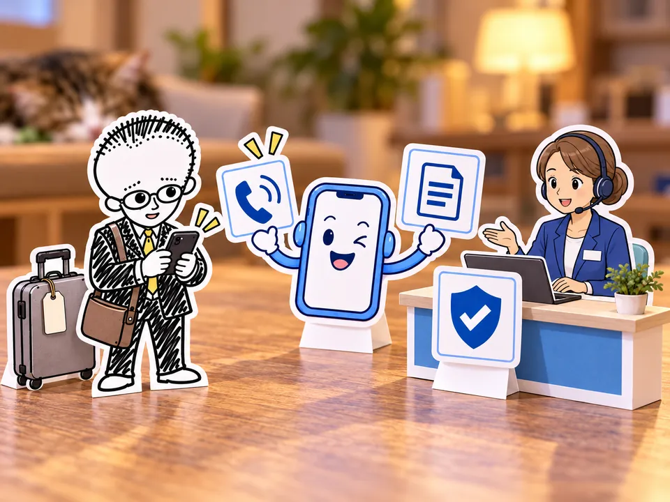 保険会社の窓口の担当者と、窓口への電話をつなぐAIのイラスト