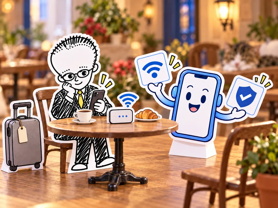 旅先のカフェで、ポケットWi-Fiと一緒にAIを使う出張者のイラスト