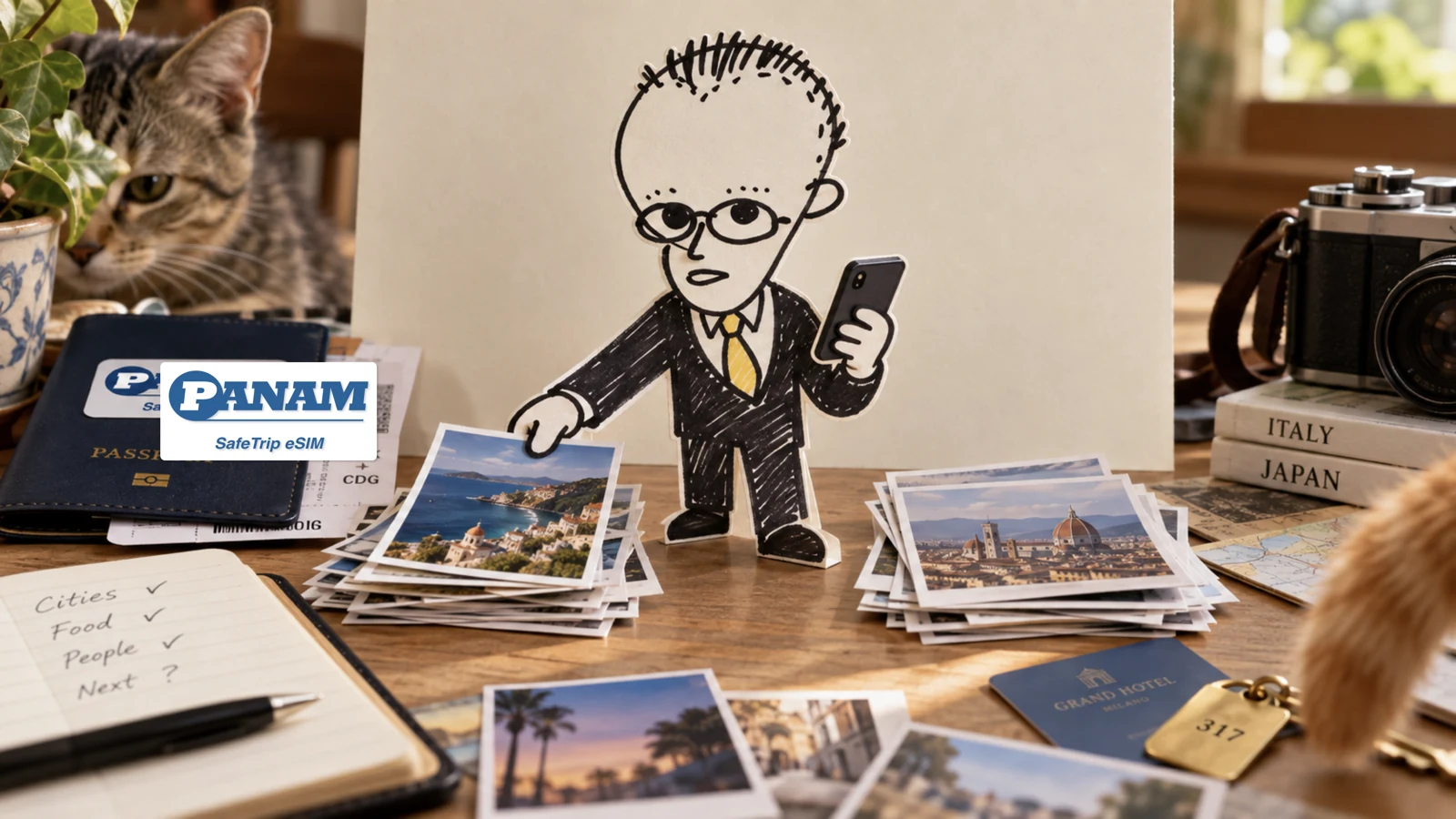 A paper standee of the founder sorting travel photos, a passport and boarding slips on a desk, with a kitten peeking in