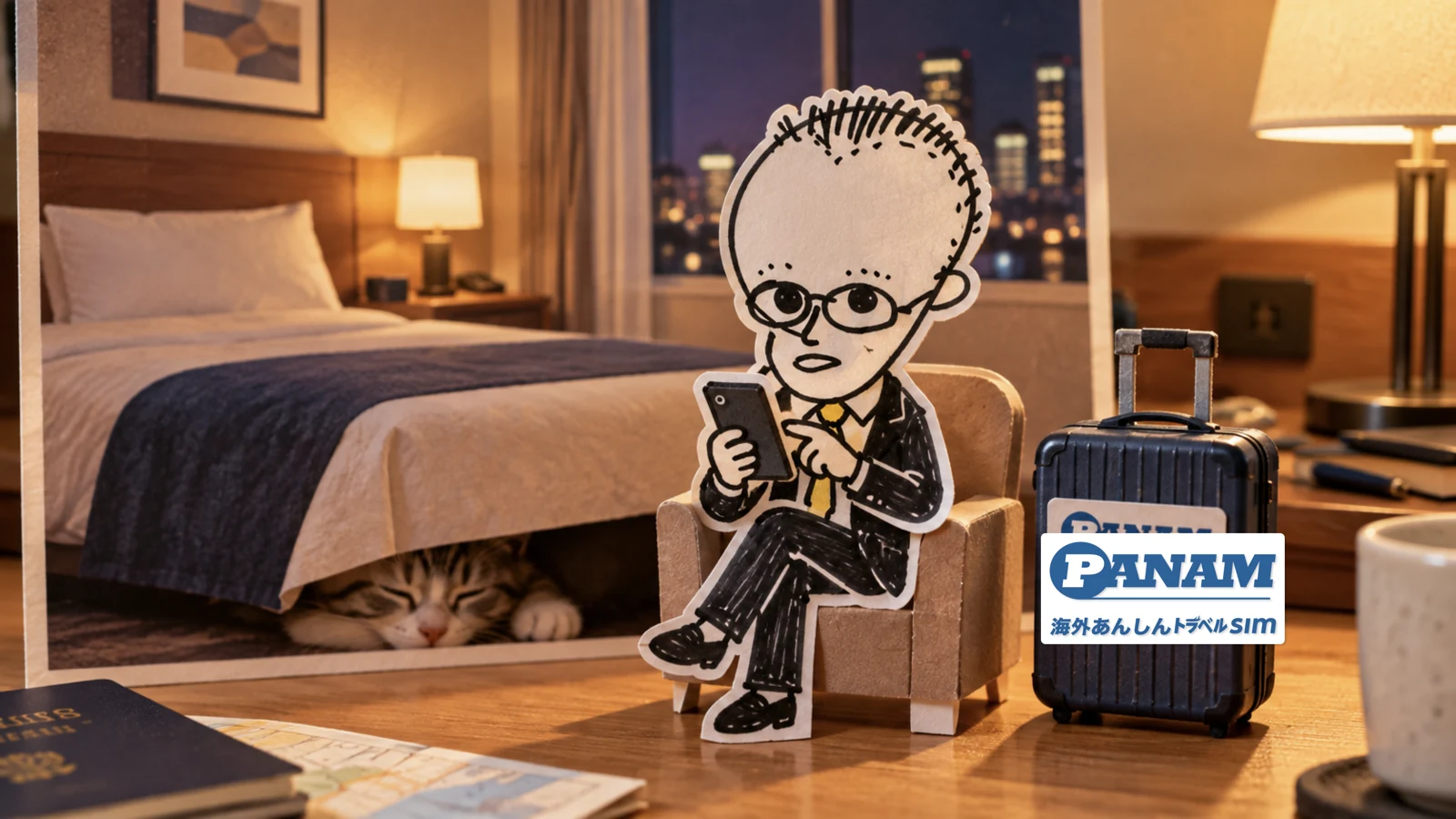 ホテルの部屋でスマートフォンのアプリを操作する紙人形のメガネの男性のコラージュ