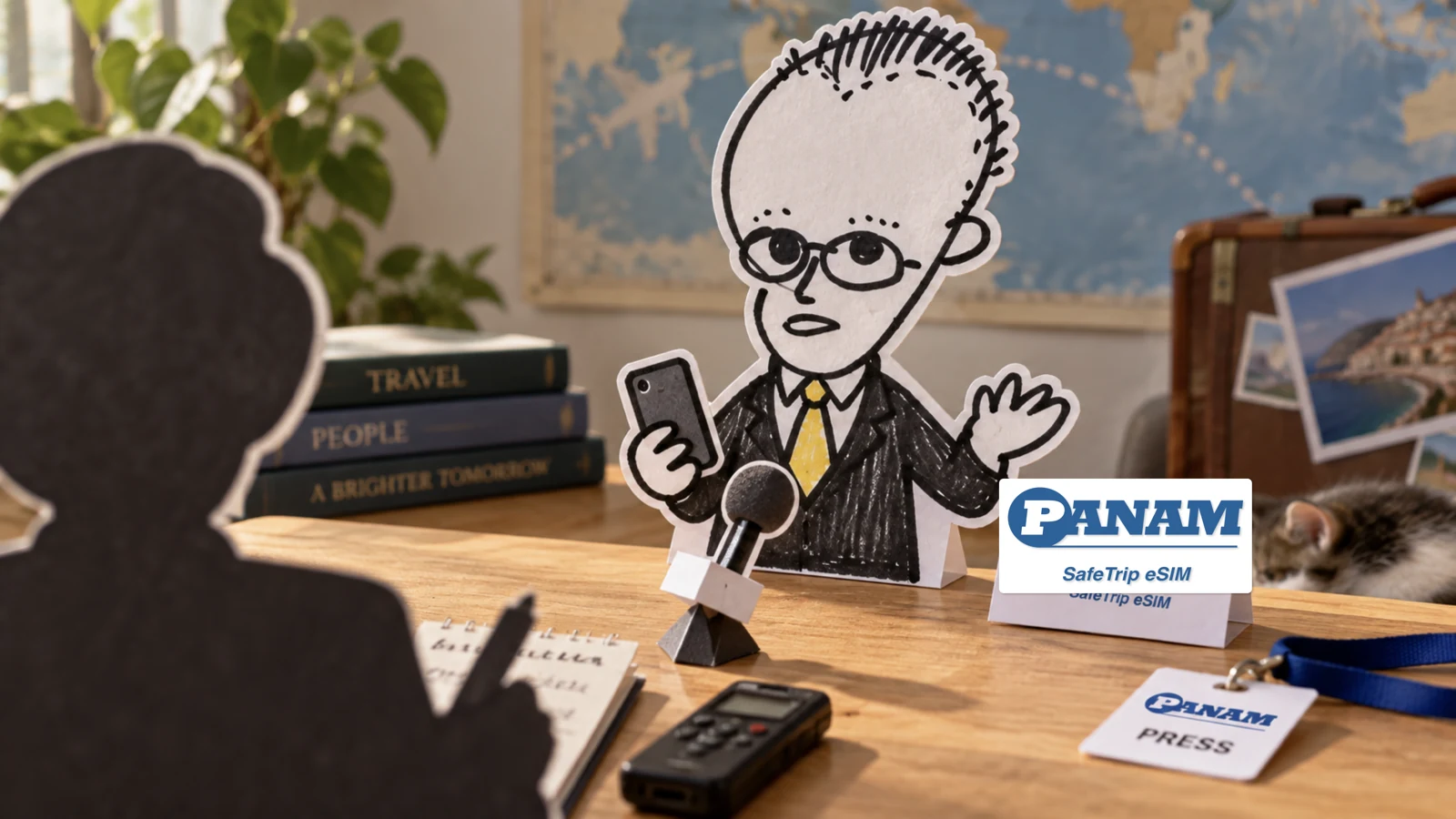 A paper standee of the founder being interviewed at a desk, with a back-facing silhouette of the interviewer