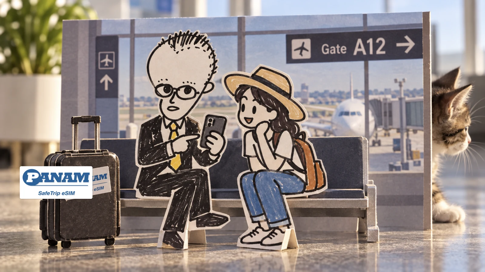 A paper standee of the founder helping a traveler set up their eSIM on a phone, on a bench at the airport gate