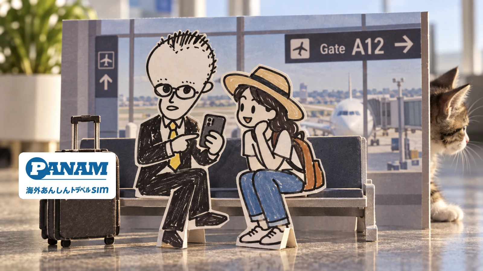 空港のベンチで旅行者にeSIM設定を案内する紙人形のメガネの男性のコラージュ