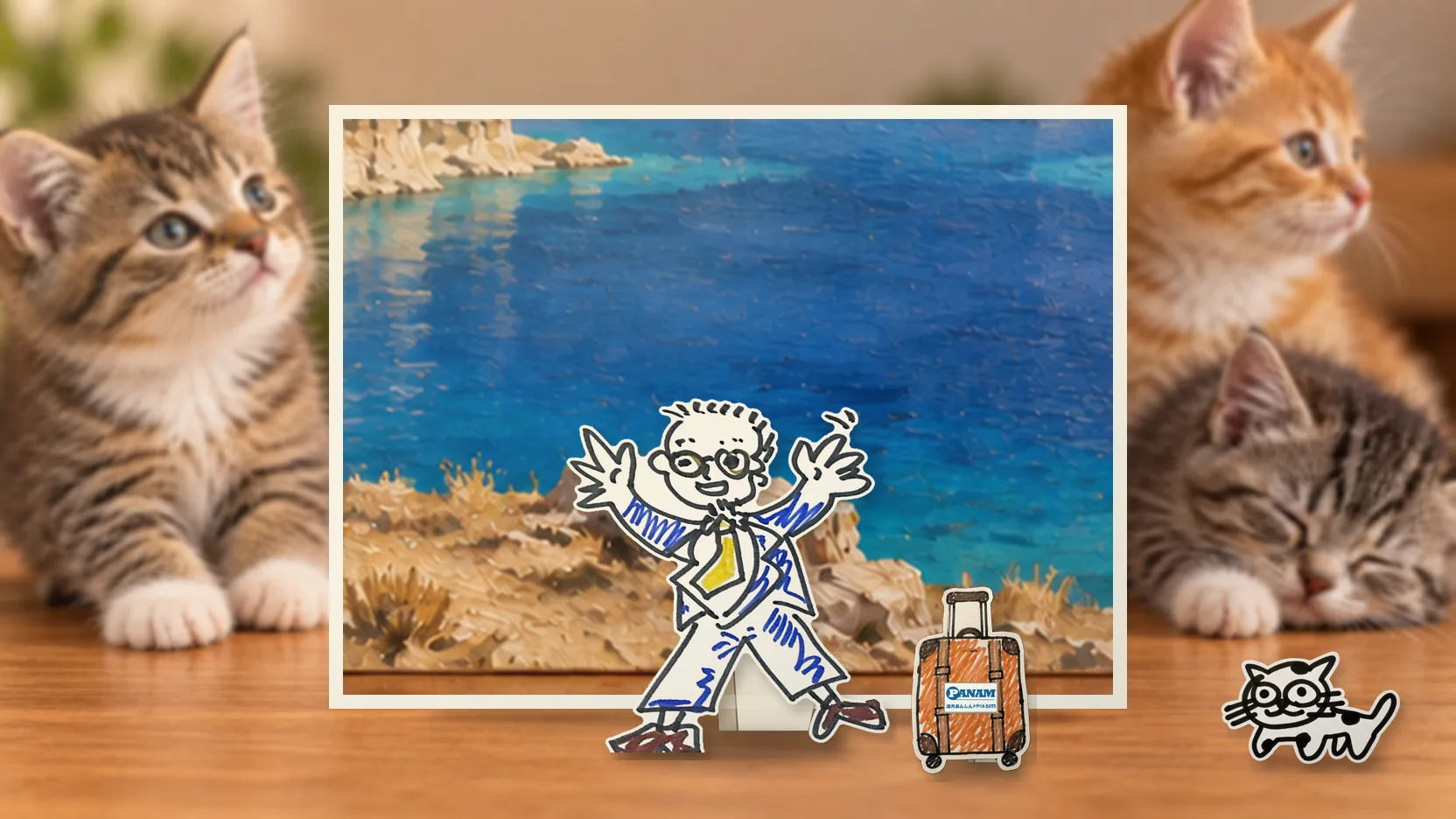 Afghanistanの名勝「Band-e Amir blue travertine lakes and the Hindu Kush」を背景に、紙人形のメガネの男性がスマートフォンを持って旅先を眺めるコラージュ