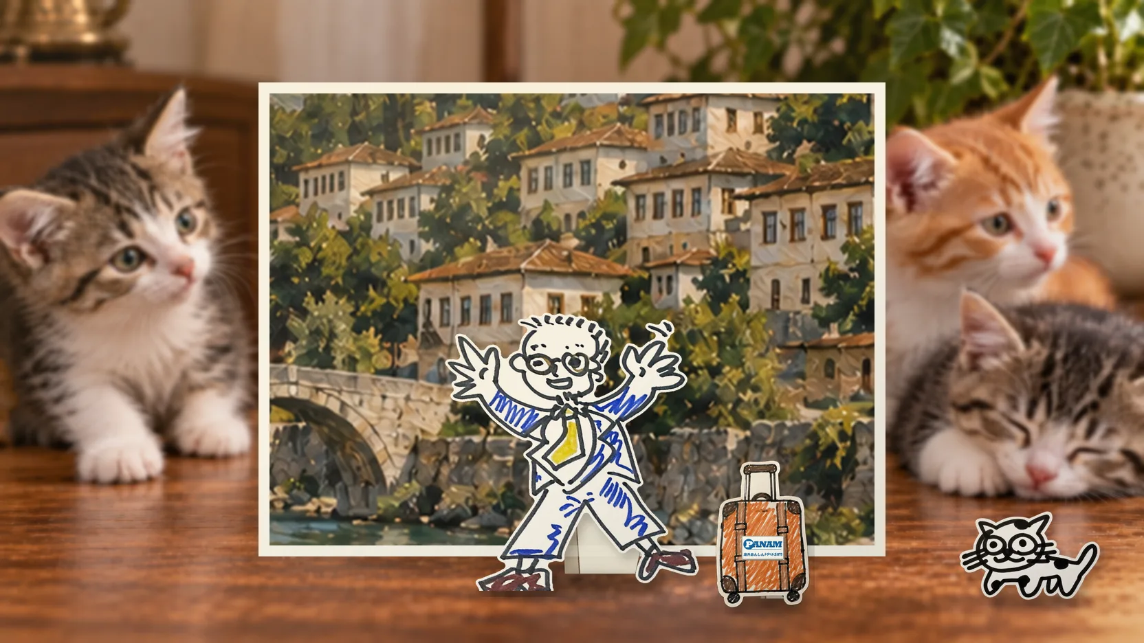 Albaniaの名勝「Berat white hillside homes, Osum River and Tomorr Mountain」を背景に、紙人形のメガネの男性がスマートフォンを持って旅先を眺めるコラージュ