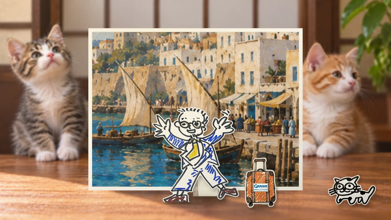 Algeriaの名勝「Algiers secular merchant waterfront and Maghreb sea」を背景に、紙人形のメガネの男性がスマートフォンを持って旅先を眺めるコラージュ