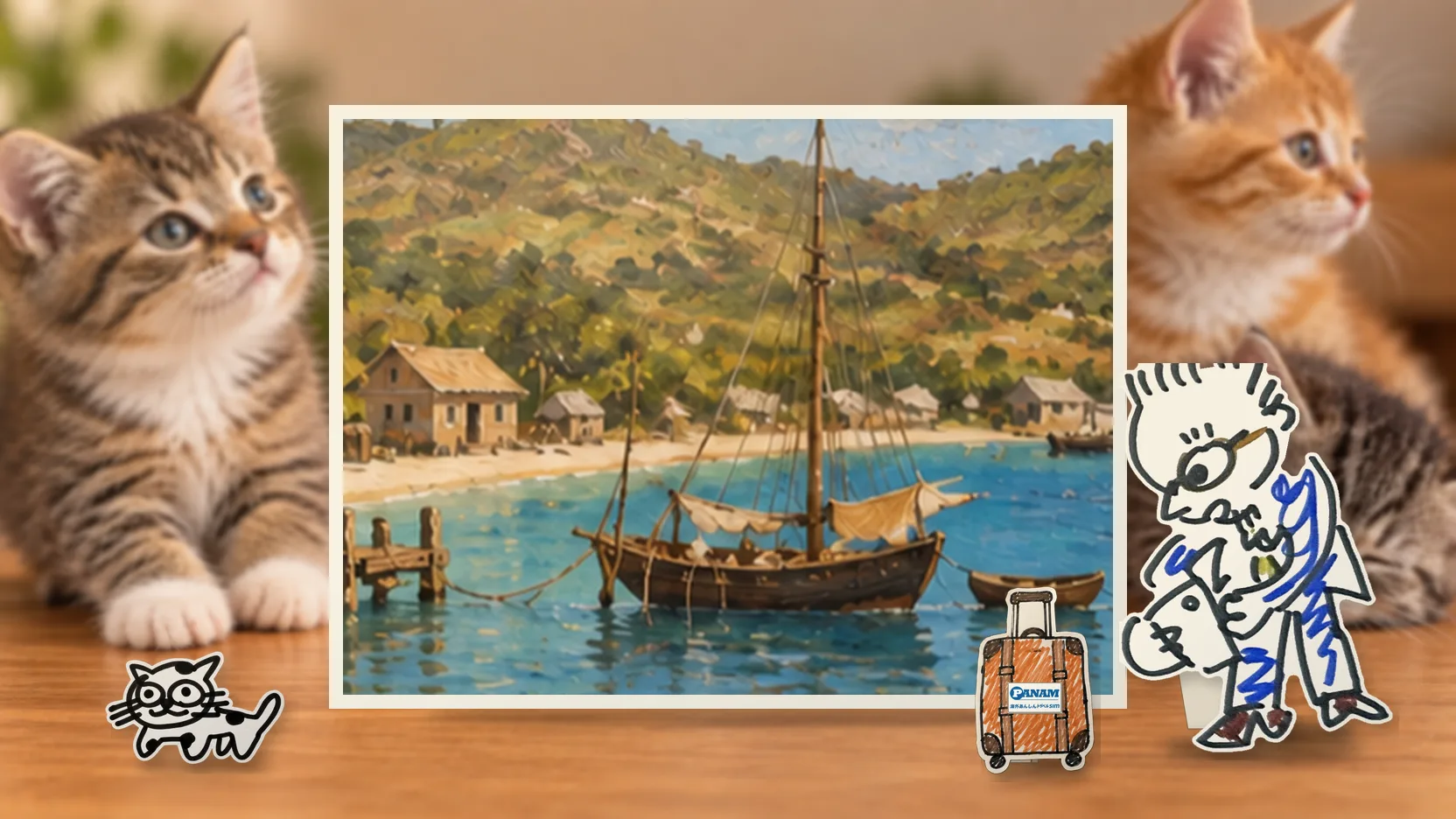 Antigua and Barbudaの名勝「calm Caribbean cove, low hills and wooden trade huts」を背景に、紙人形のメガネの男性がスマートフォンを持って旅先を眺めるコラージュ