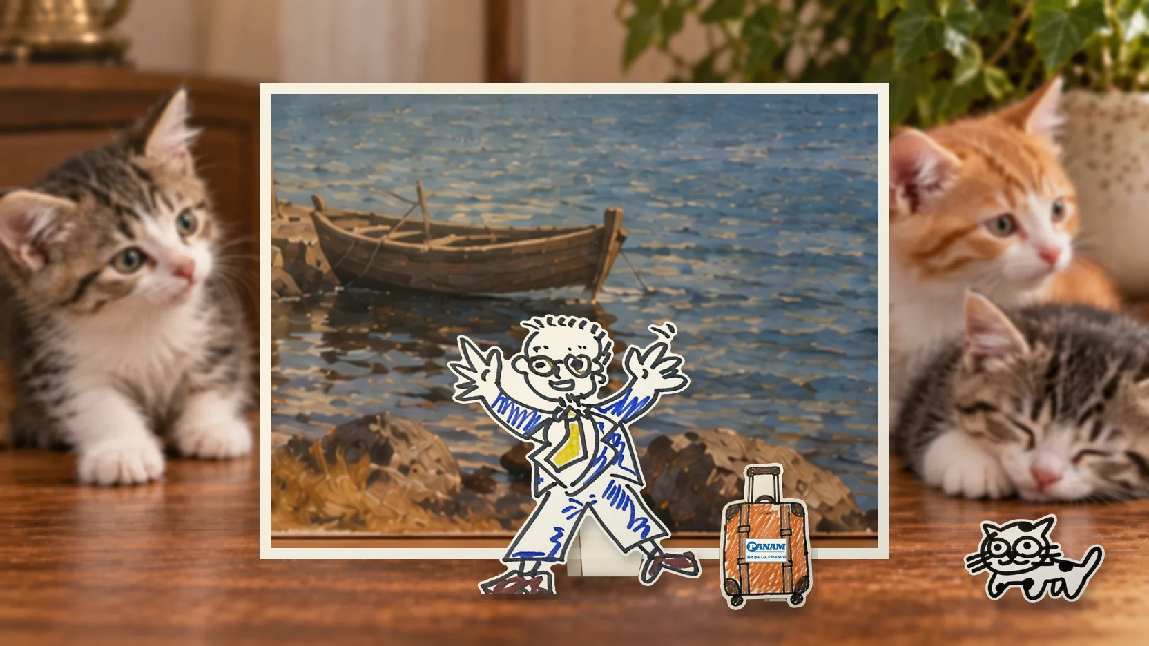 Armeniaの名勝「highland lake and Mount Ararat view」を背景に、紙人形のメガネの男性がスマートフォンを持って旅先を眺めるコラージュ