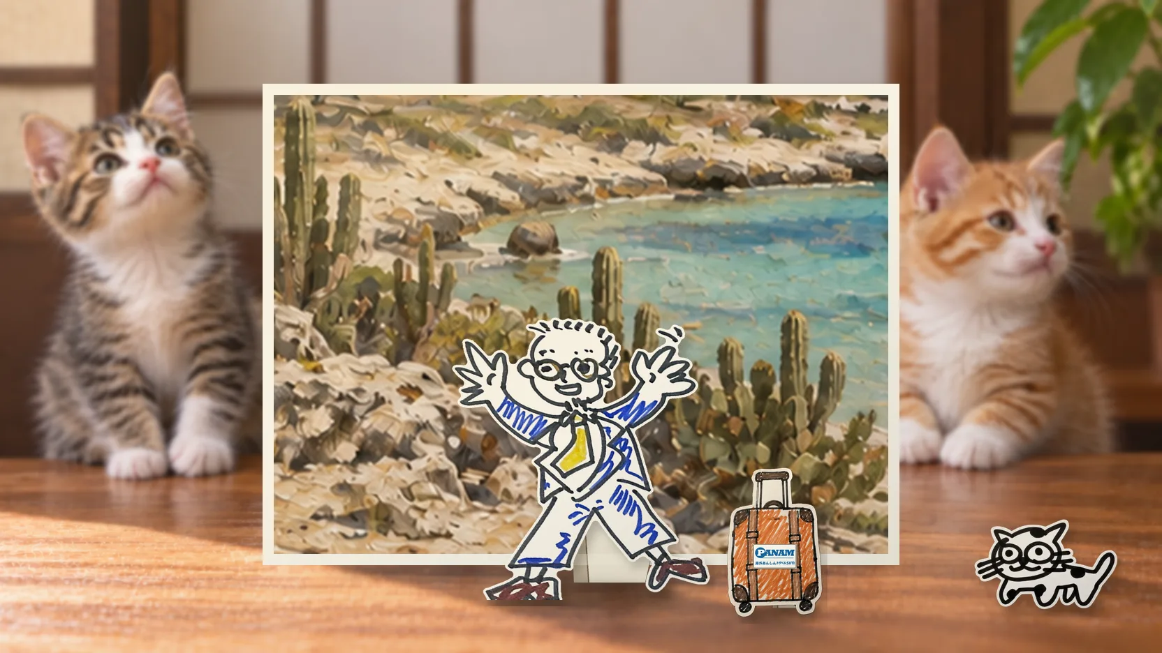 Arubaの名勝「dry coral coast with divi-divi trees and cactus」を背景に、紙人形のメガネの男性がスマートフォンを持って旅先を眺めるコラージュ