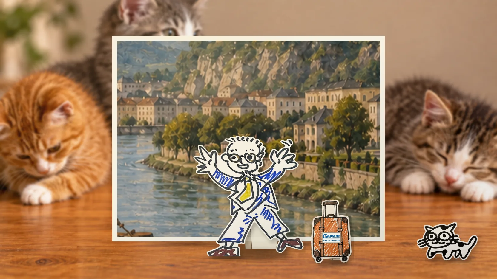 Austriaの名勝「Danube river landscape, Hohensalzburg Fortress and salt barge」を背景に、紙人形のメガネの男性がスマートフォンを持って旅先を眺めるコラージュ