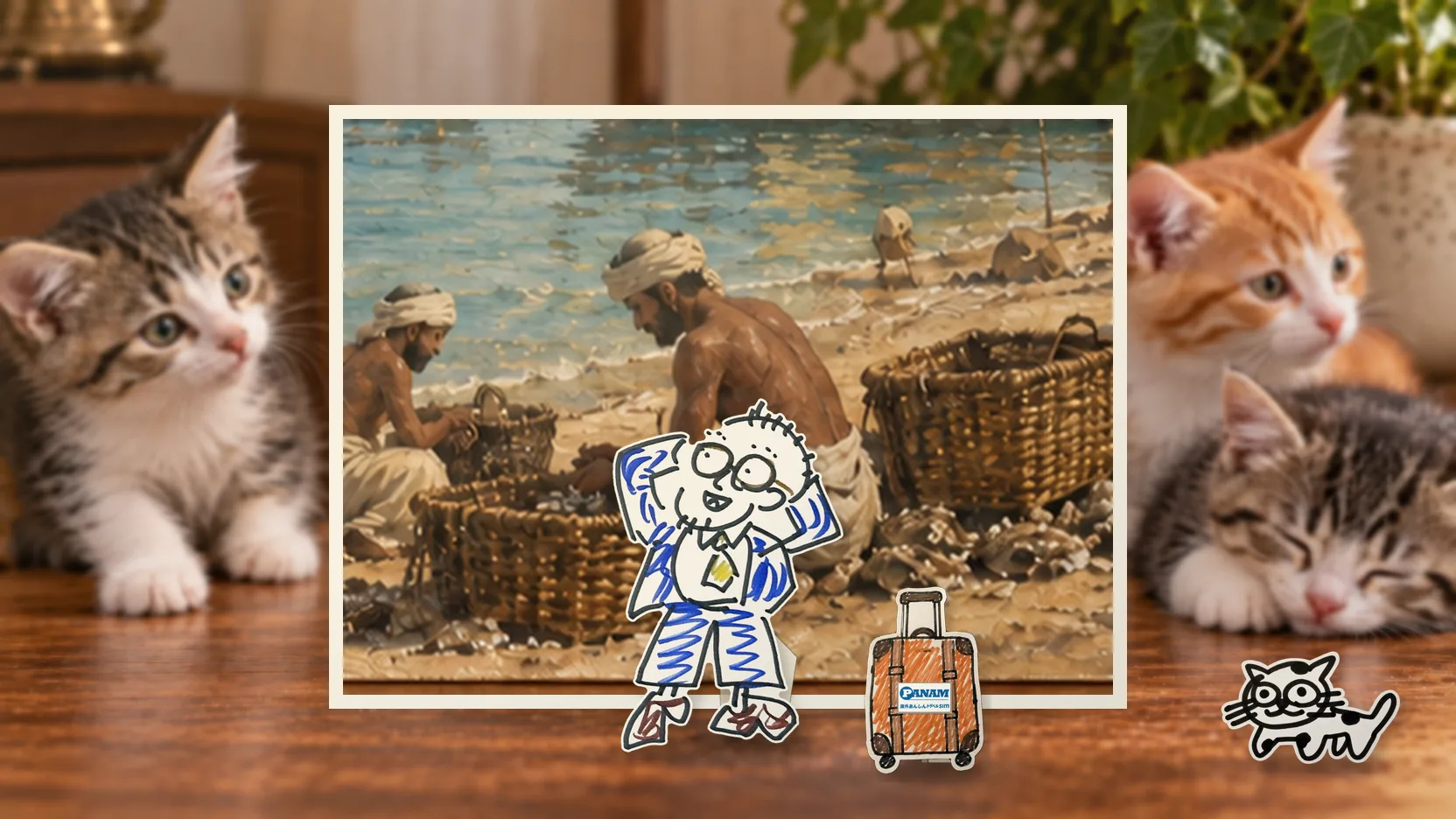 Bahrainの名勝「peaceful pearl-diving shore and dhow」を背景に、紙人形のメガネの男性がスマートフォンを持って旅先を眺めるコラージュ