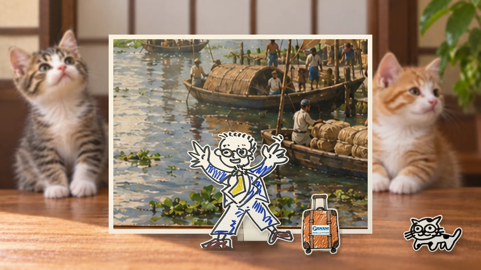 Bangladeshの名勝「Sonargaon river trading landing, bamboo homes and jute goods」を背景に、紙人形のメガネの男性がスマートフォンを持って旅先を眺めるコラージュ