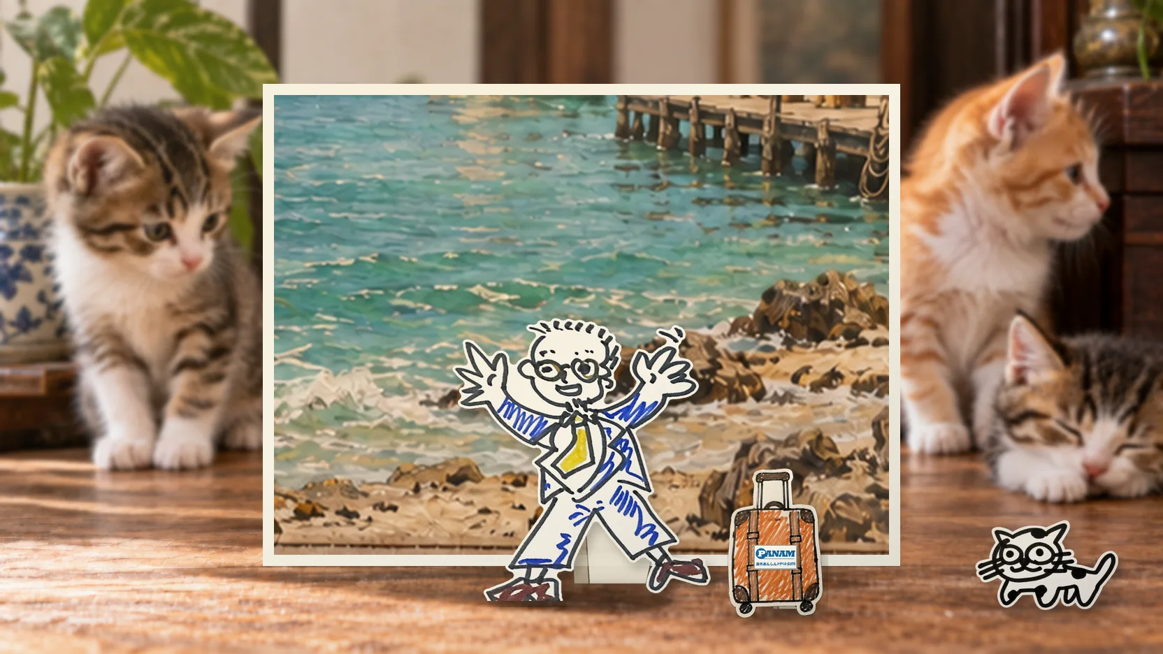 Barbadosの名勝「c.1650 Bridgetown and Carlisle Bay, coral shoreline, wooden wharf and sloop」を背景に、紙人形のメガネの男性がスマートフォンを持って旅先を眺めるコラージュ