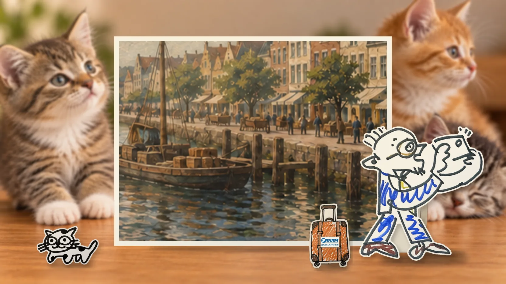 Belgiumの名勝「c.1600 Antwerp Scheldt quay, stepped-gable merchant houses and cargo barge」を背景に、紙人形のメガネの男性がスマートフォンを持って旅先を眺めるコラージュ