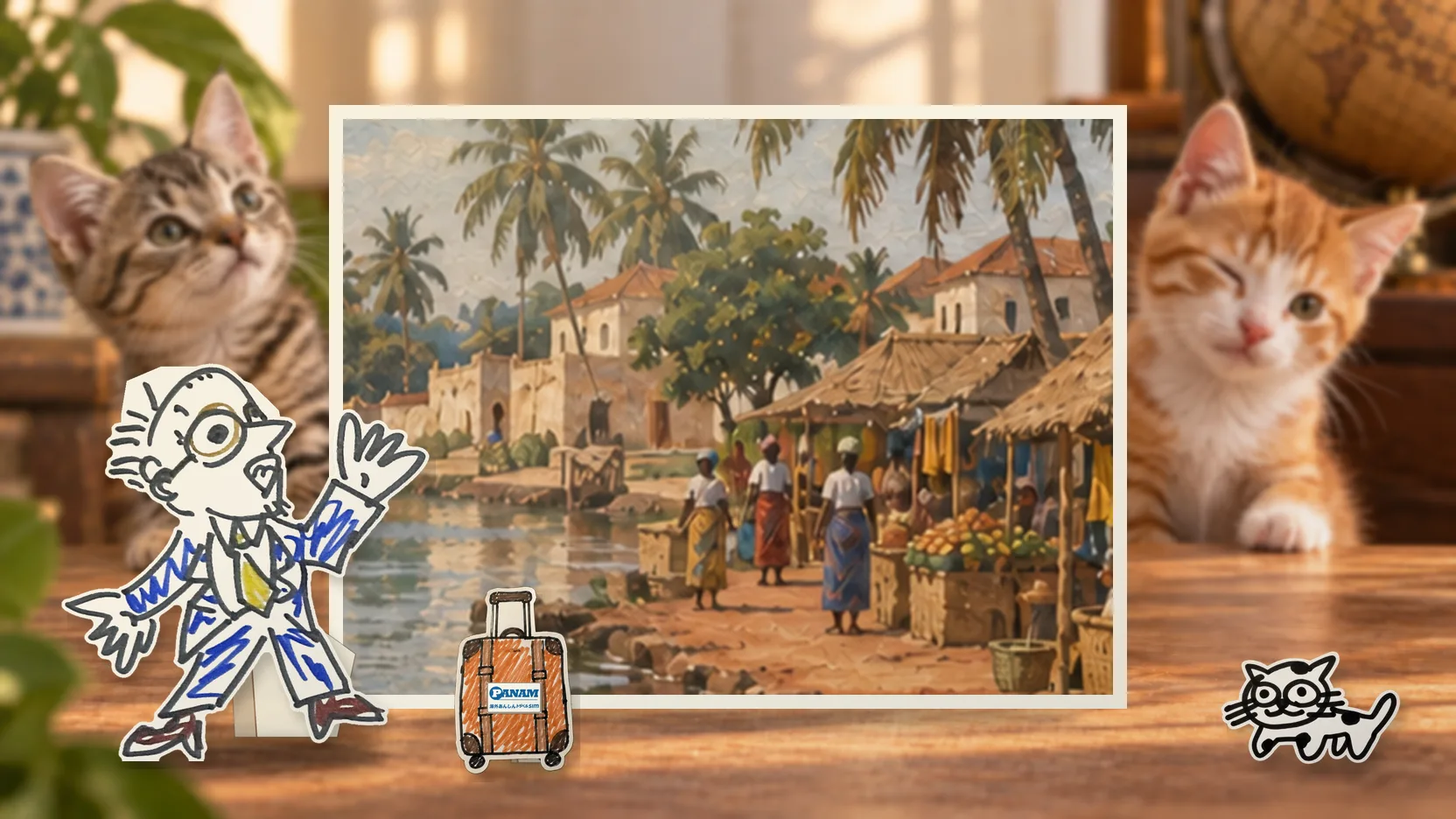Beninの名勝「c.1650 peaceful Ouidah lagoon market with palms, woven shelters, cloth and calabash goods」を背景に、紙人形のメガネの男性がスマートフォンを持って旅先を眺めるコラージュ
