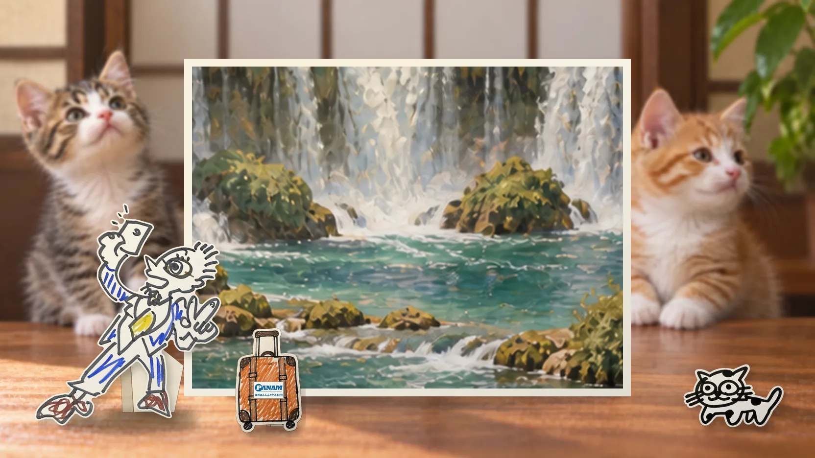 Bosnia and Herzegovinaの名勝「c.1650 Kravica Waterfall, emerald pools, karst cliffs and wooden footbridge」を背景に、紙人形のメガネの男性がスマートフォンを持って旅先を眺めるコラージュ