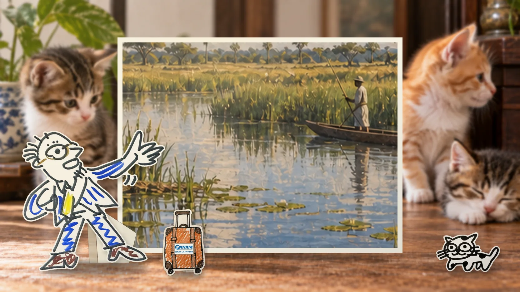 Botswanaの名勝「c.1650 Okavango Delta channel, papyrus, acacia floodplain and mokoro canoe」を背景に、紙人形のメガネの男性がスマートフォンを持って旅先を眺めるコラージュ