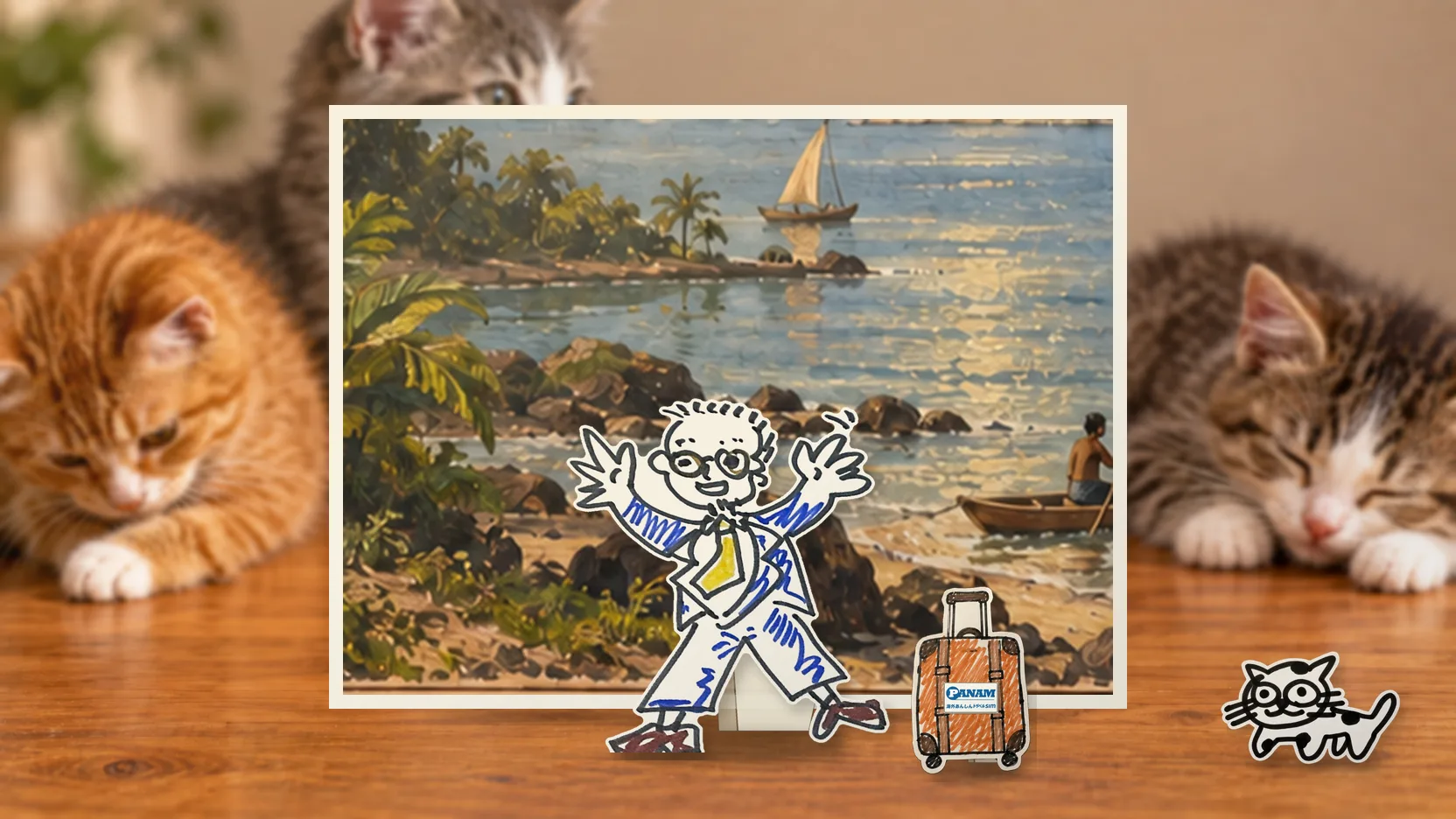 Brazilの名勝「c.1650 Guanabara Bay, Sugarloaf Mountain, forested granite peaks and canoe」を背景に、紙人形のメガネの男性がスマートフォンを持って旅先を眺めるコラージュ
