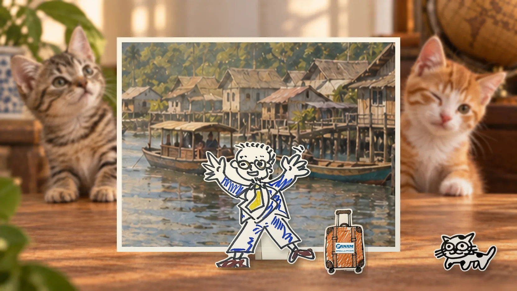 Bruneiの名勝「c.1650 Kampong Ayer water village, timber stilt homes and river boats」を背景に、紙人形のメガネの男性がスマートフォンを持って旅先を眺めるコラージュ