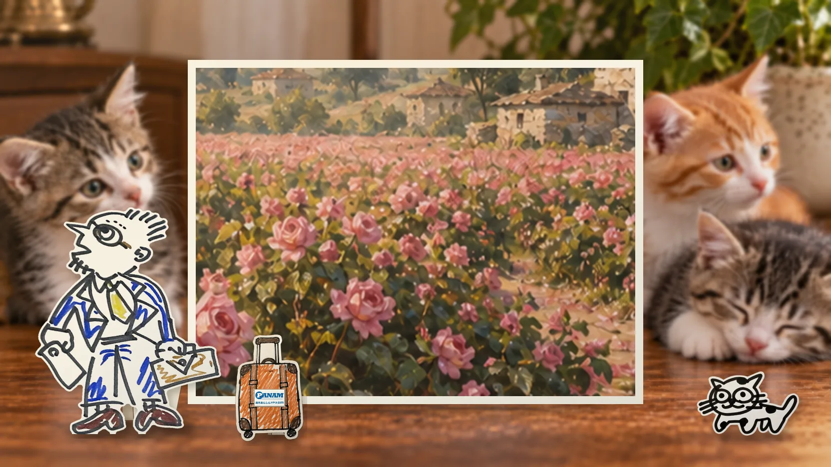 Bulgariaの名勝「c.1650 Bulgarian Rose Valley, Damask roses, farmhouses and Balkan Mountains」を背景に、紙人形のメガネの男性がスマートフォンを持って旅先を眺めるコラージュ