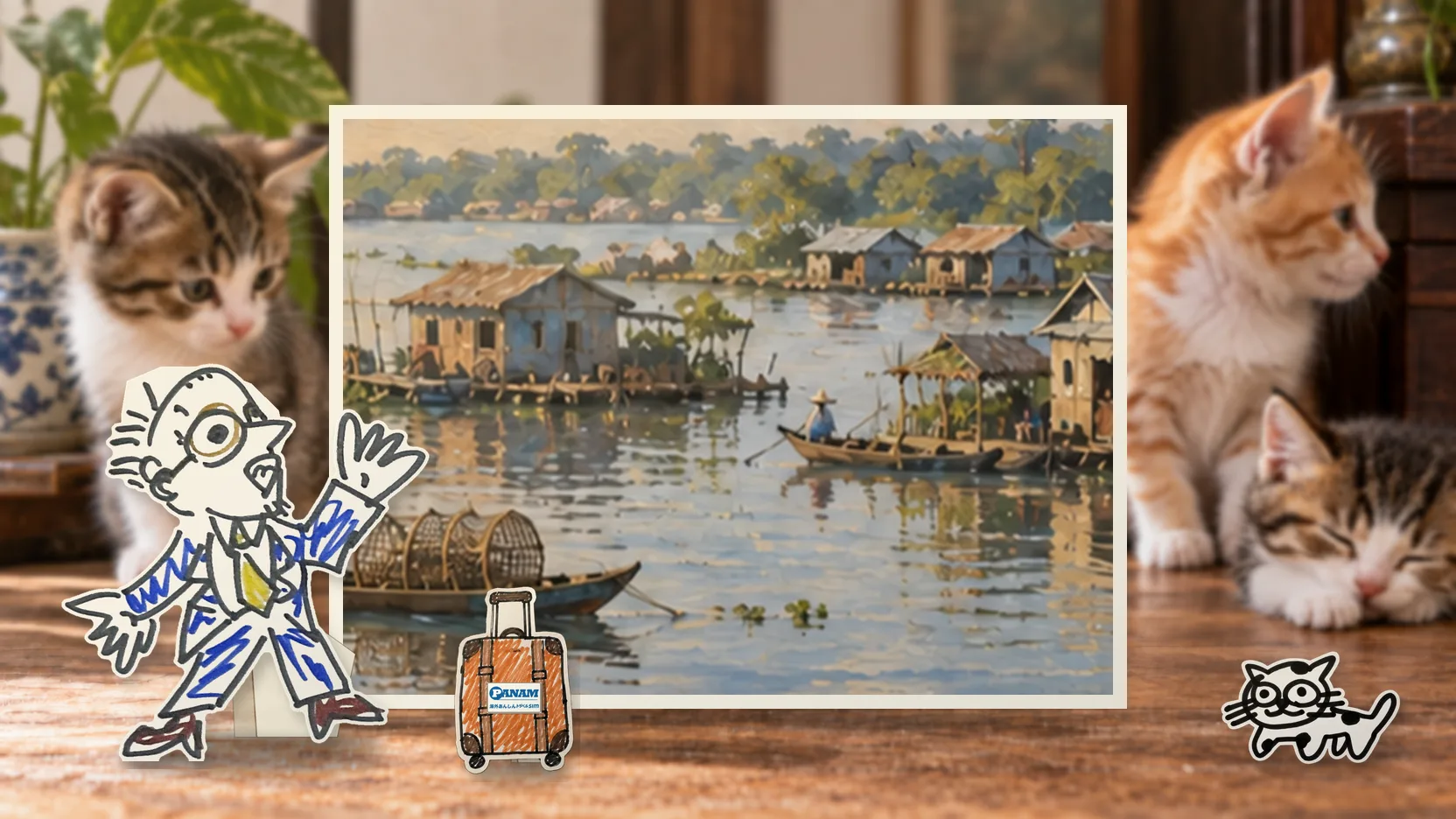 Cambodiaの名勝「c.1650 Tonlé Sap floating village, lotus, fishing boats and distant forest」を背景に、紙人形のメガネの男性がスマートフォンを持って旅先を眺めるコラージュ