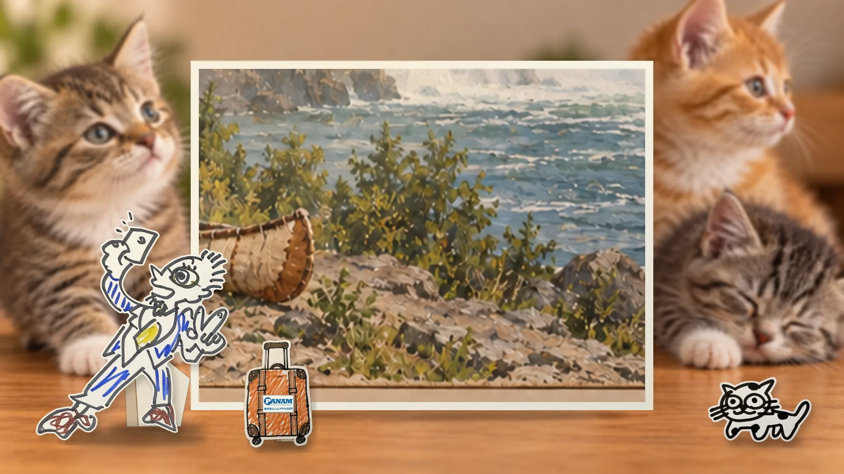 Canadaの名勝「c.1650 Niagara Falls, wooded gorge and a distant birch-bark canoe」を背景に、紙人形のメガネの男性がスマートフォンを持って旅先を眺めるコラージュ