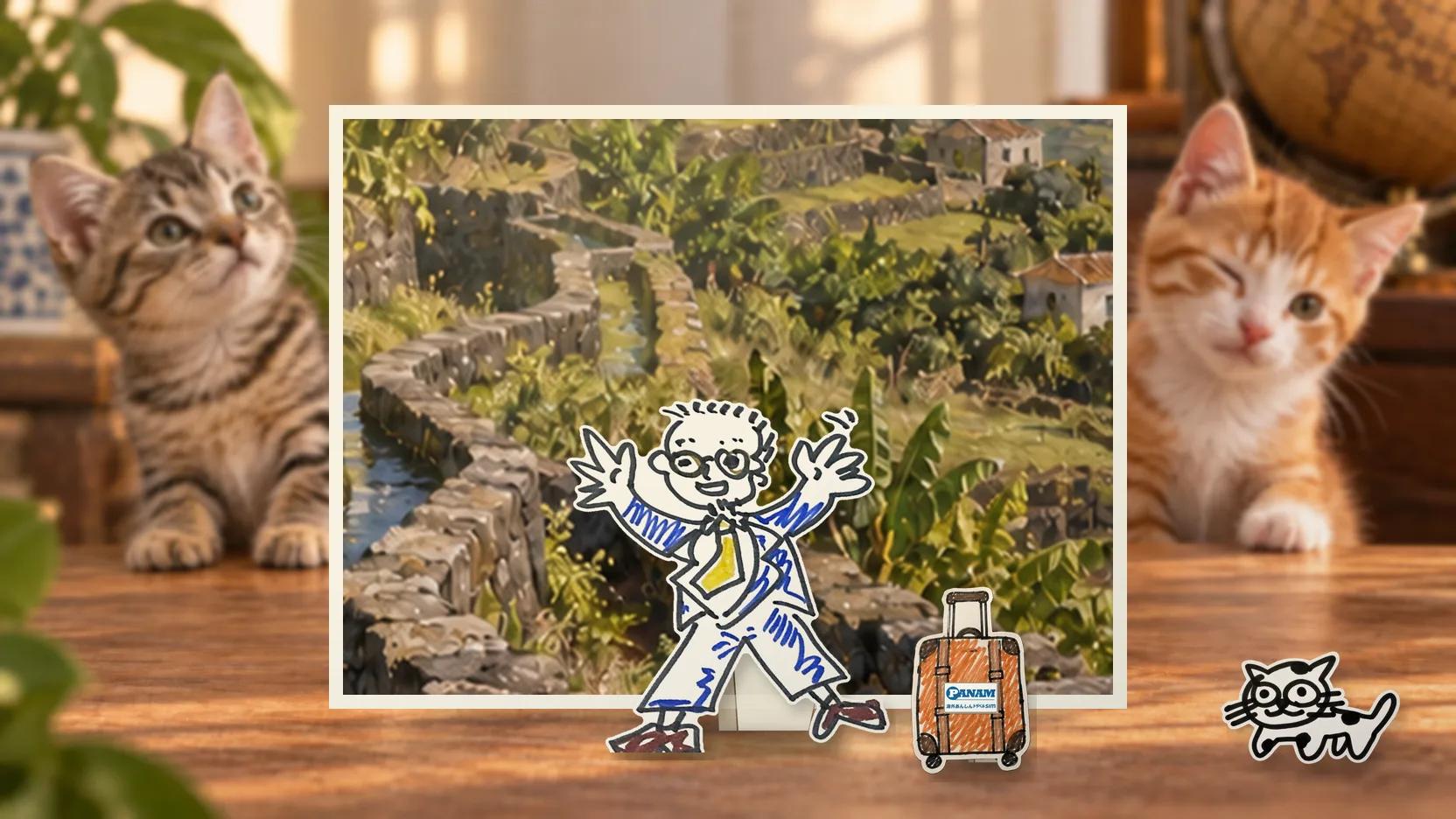Cape Verdeの名勝「c.1650 Santo Antão, terraced volcanic valley, stone irrigation channels and Atlantic light」を背景に、紙人形のメガネの男性がスマートフォンを持って旅先を眺めるコラージュ