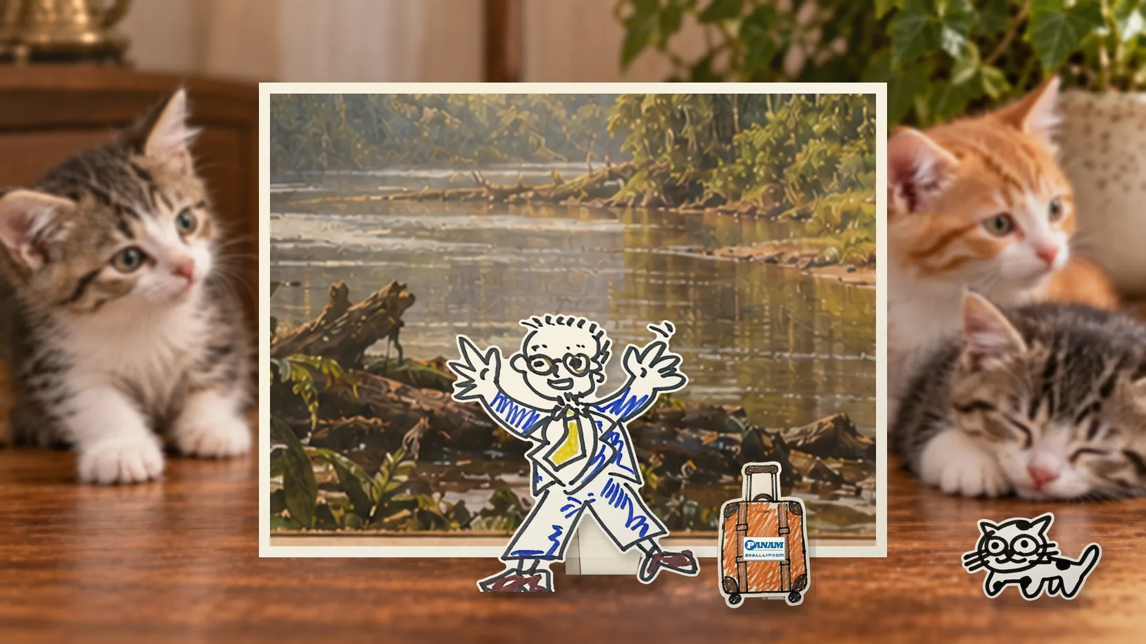 Central African Republicの名勝「c.1650 Dzanga-Sangha: Sangha River, equatorial forest and peaceful forest clearing」を背景に、紙人形のメガネの男性がスマートフォンを持って旅先を眺めるコラージュ