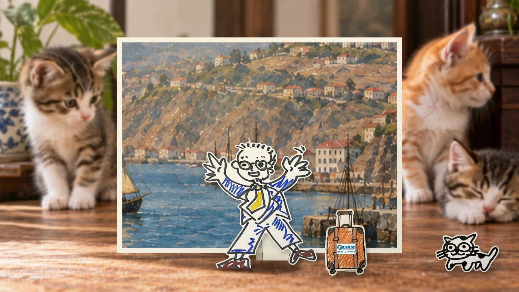 Chileの名勝「c.1650 Valparaíso Bay, Pacific water, steep dry hills and secular homes」を背景に、紙人形のメガネの男性がスマートフォンを持って旅先を眺めるコラージュ