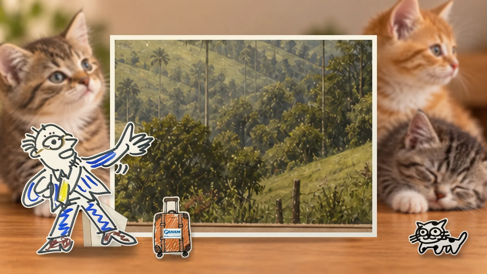 Colombiaの名勝「c.1650 Cocora Valley with distinctive towering wax palms and cloud forest」を背景に、紙人形のメガネの男性がスマートフォンを持って旅先を眺めるコラージュ
