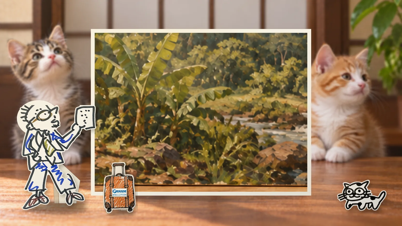 Côte d’Ivoireの名勝「c.1650 Mount Nimba region with green ridge, forest edge and clear stream」を背景に、紙人形のメガネの男性がスマートフォンを持って旅先を眺めるコラージュ