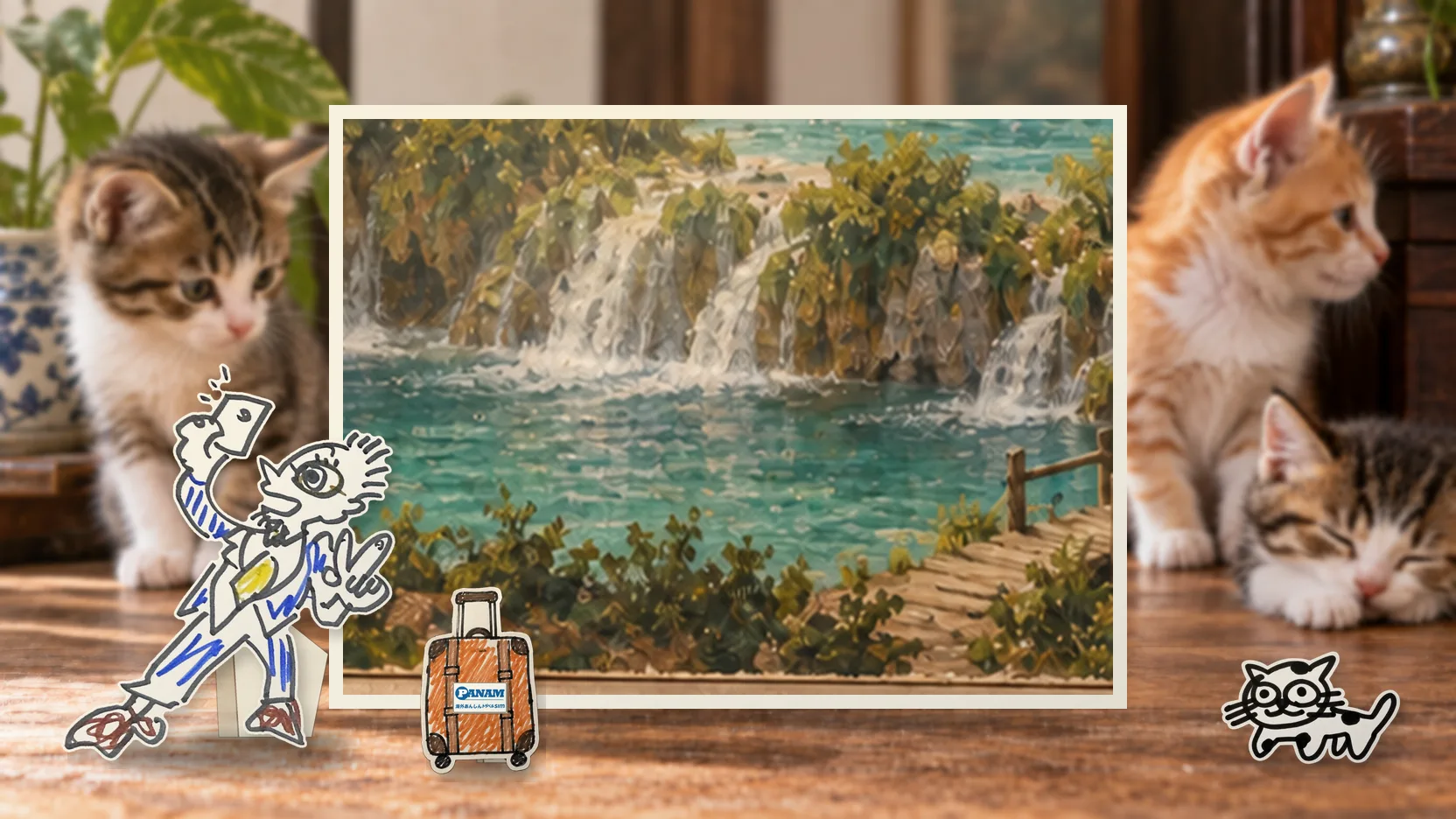 Croatiaの名勝「c.1650 Plitvice Lakes, travertine cascades and beech forest」を背景に、紙人形のメガネの男性がスマートフォンを持って旅先を眺めるコラージュ