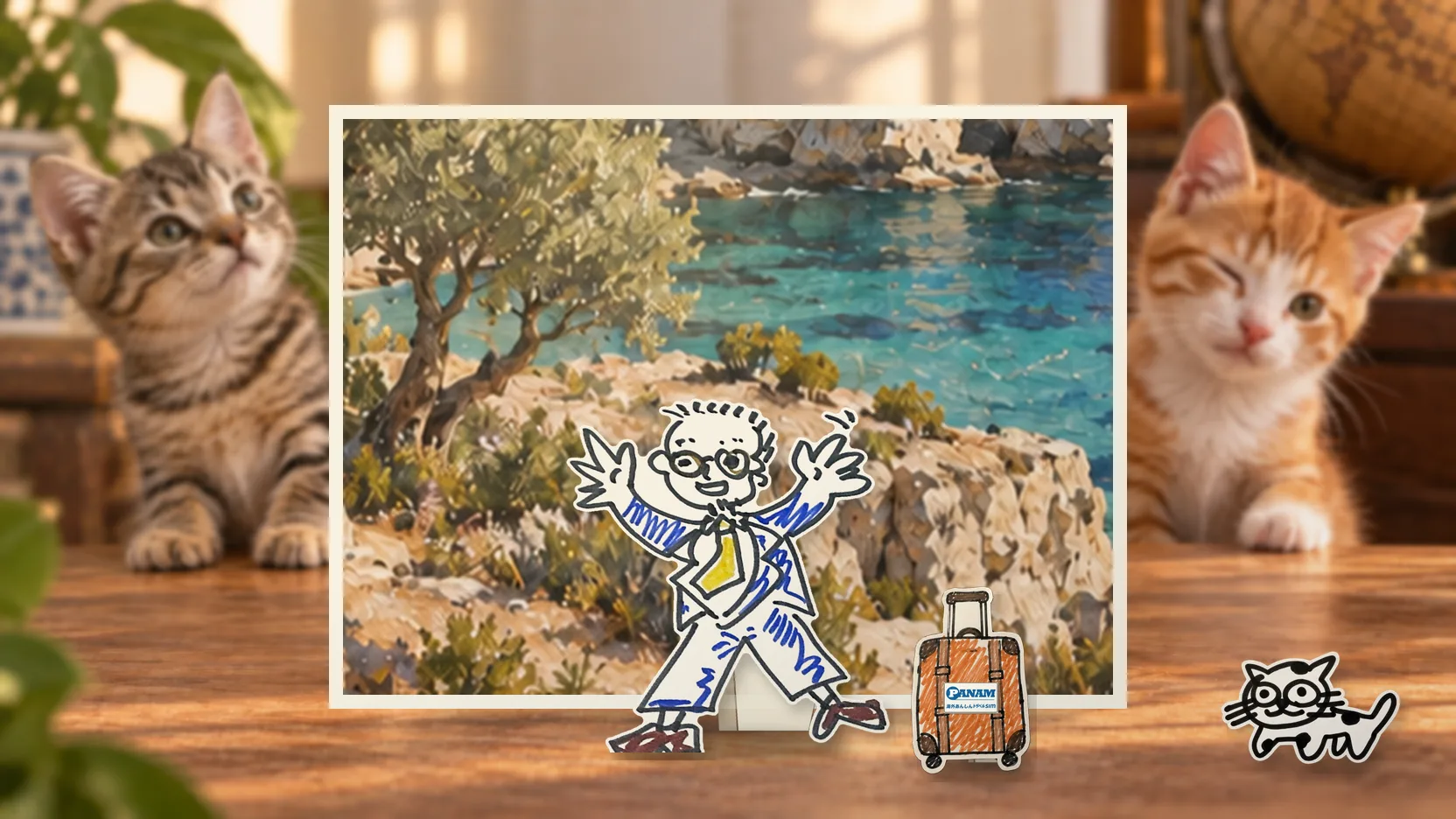 Cyprusの名勝「c.1650 Akamas Peninsula, limestone coast, olive and carob trees」を背景に、紙人形のメガネの男性がスマートフォンを持って旅先を眺めるコラージュ