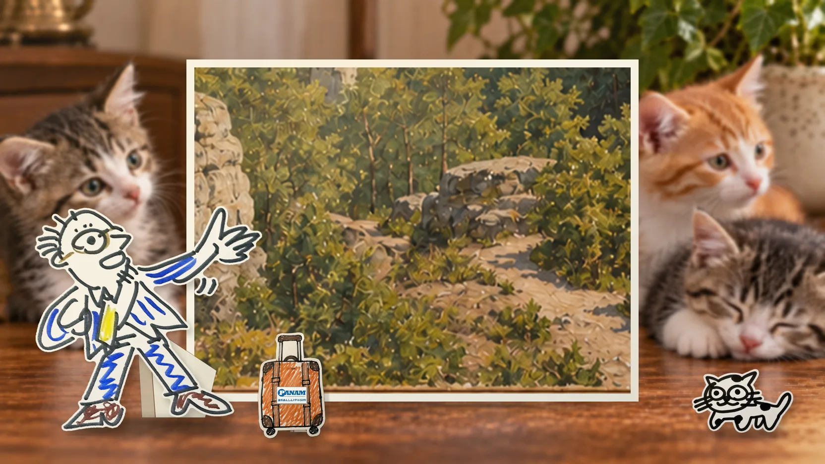Czechiaの名勝「c.1650 Prachov Rocks in Bohemian Paradise, sandstone towers and beech forest」を背景に、紙人形のメガネの男性がスマートフォンを持って旅先を眺めるコラージュ