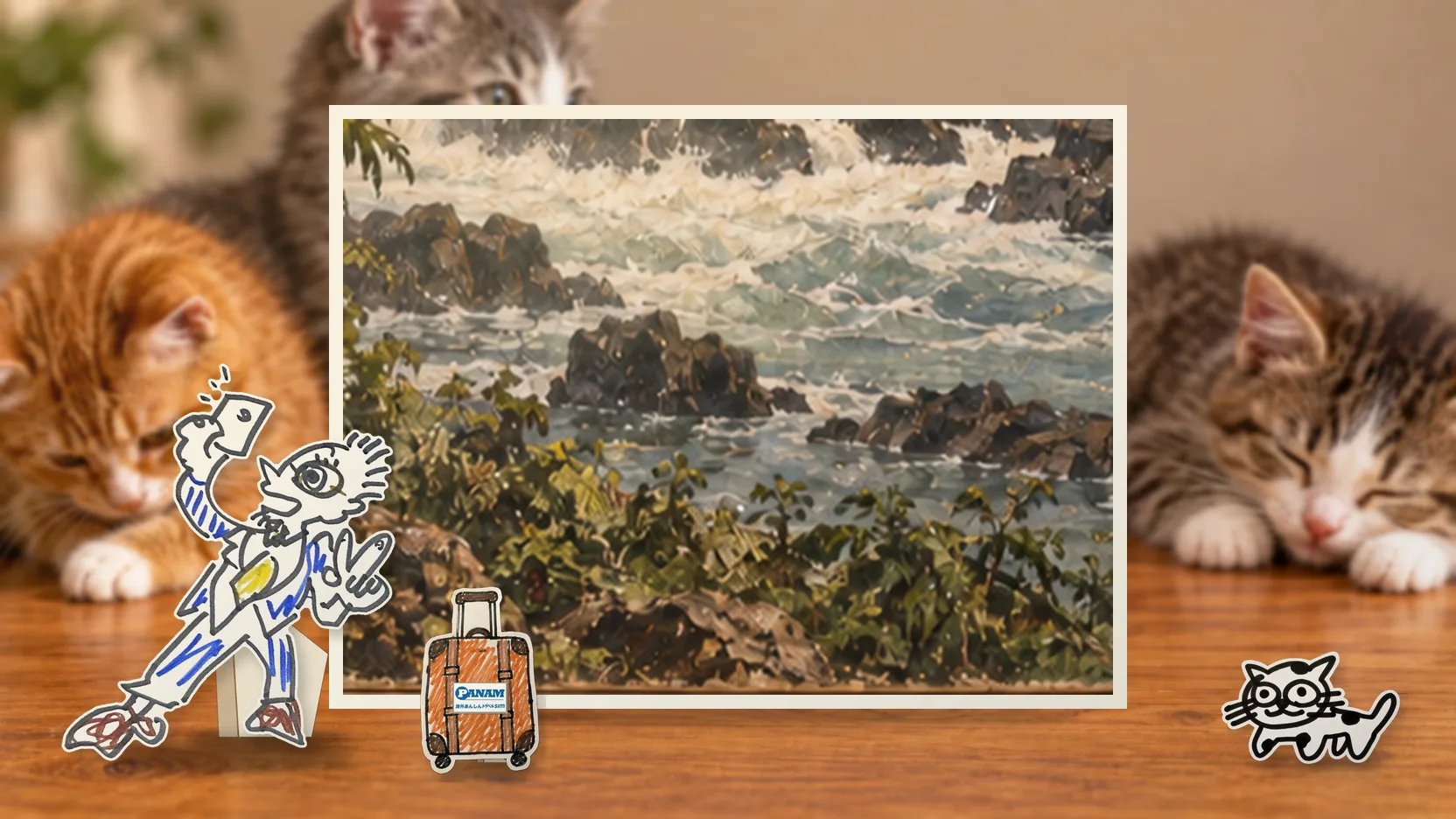Democratic Republic of the Congoの名勝「c.1650 Boyoma Falls, dark rock rapids and equatorial forest」を背景に、紙人形のメガネの男性がスマートフォンを持って旅先を眺めるコラージュ
