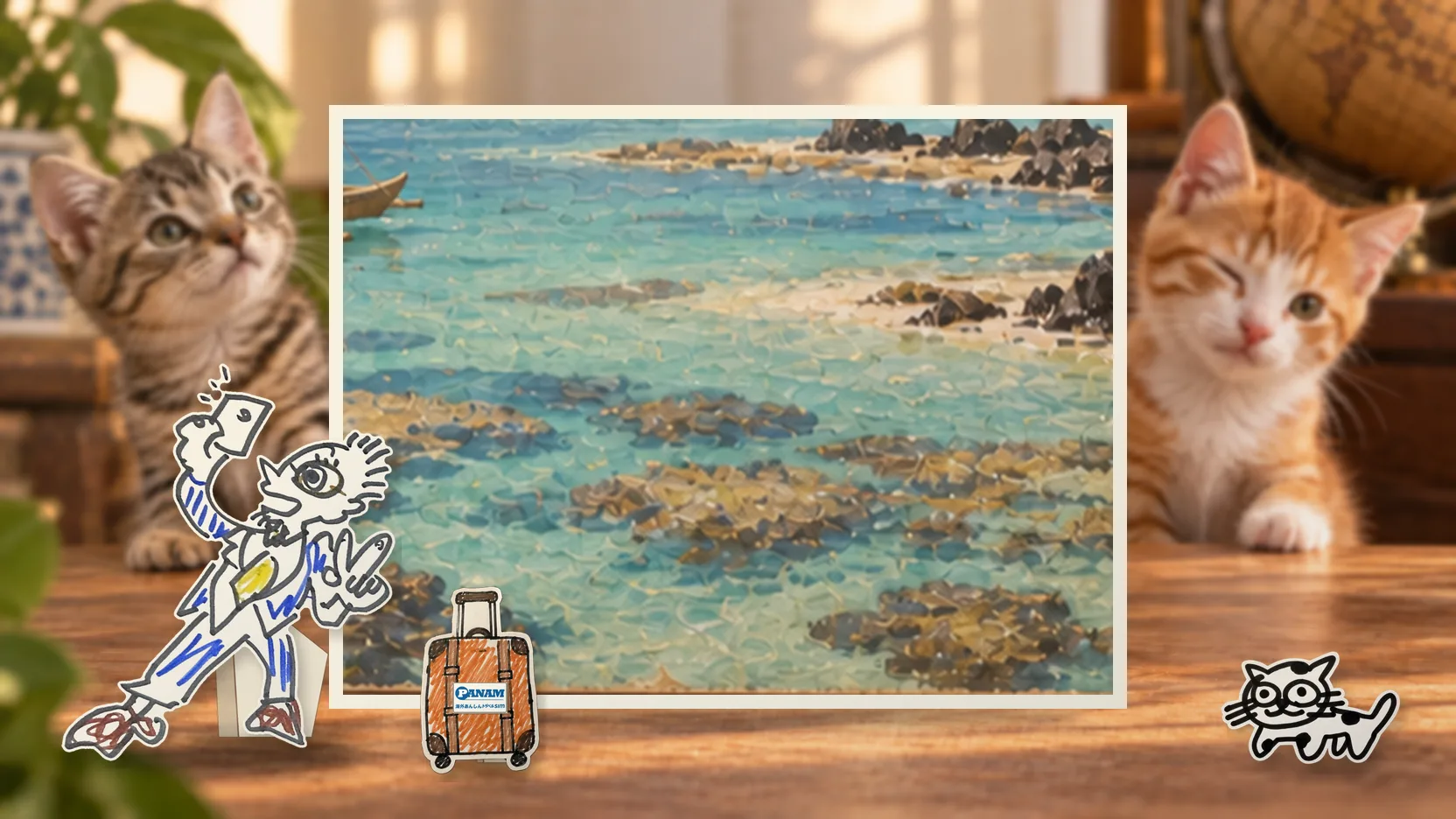 Fijiの名勝「c.1650 Yasawa Islands, lagoon, coral shallows, palms and outrigger canoe」を背景に、紙人形のメガネの男性がスマートフォンを持って旅先を眺めるコラージュ