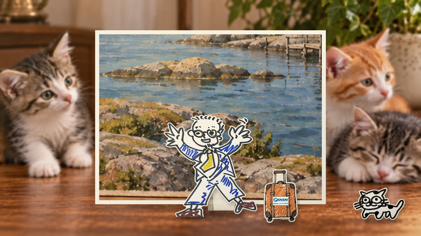 Finlandの名勝「c.1650 Archipelago Sea, granite skerries, pine and timber hut」を背景に、紙人形のメガネの男性がスマートフォンを持って旅先を眺めるコラージュ