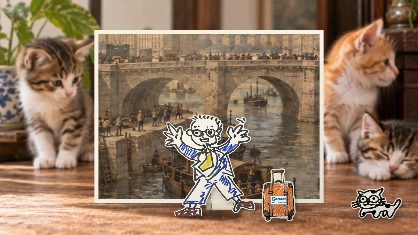 Franceの名勝「Paris: Pont Neuf, Seine quays, riverboats, secular merchant rooflines」を背景に、紙人形のメガネの男性がスマートフォンを持って旅先を眺めるコラージュ