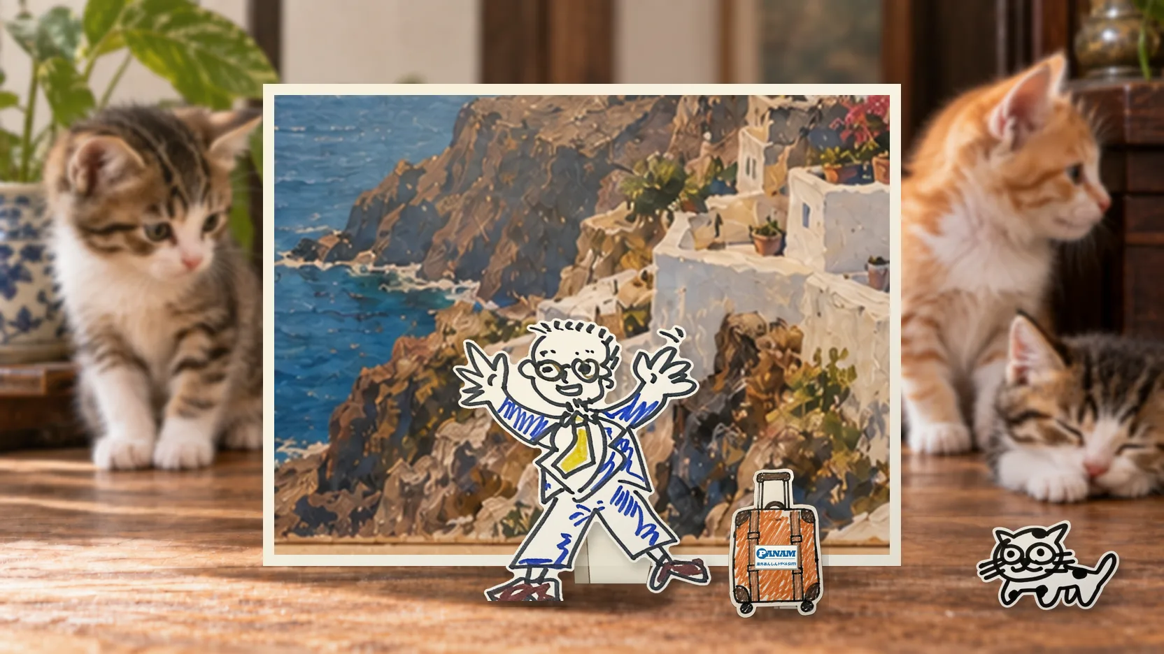 Greeceの名勝「c.1650 Santorini caldera homes and Aegean sea」を背景に、紙人形のメガネの男性がスマートフォンを持って旅先を眺めるコラージュ