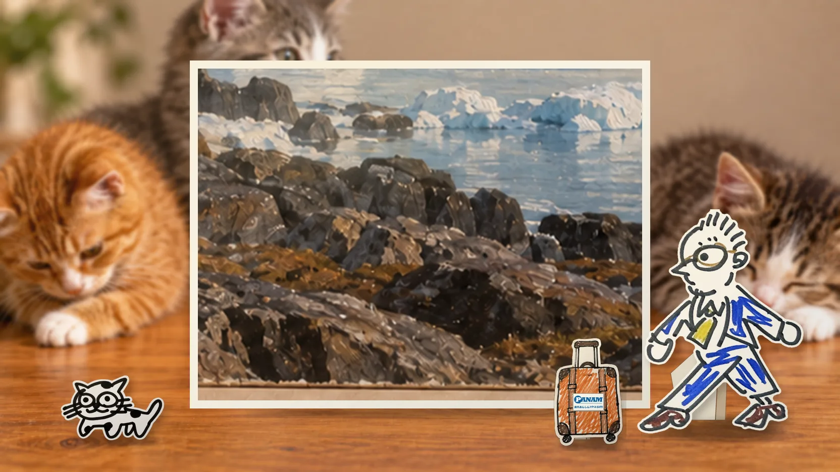 Greenlandの名勝「c.1650 Ilulissat Icefjord and blue-white icebergs」を背景に、紙人形のメガネの男性がスマートフォンを持って旅先を眺めるコラージュ
