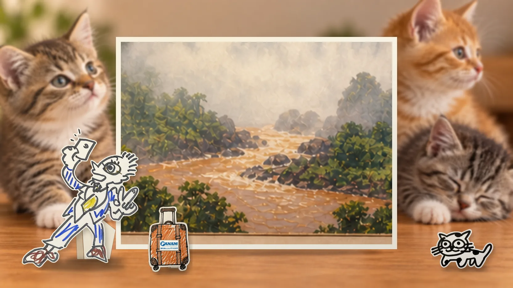 Guyanaの名勝「c.1650 Kaieteur Falls and rainforest tableland」を背景に、紙人形のメガネの男性がスマートフォンを持って旅先を眺めるコラージュ