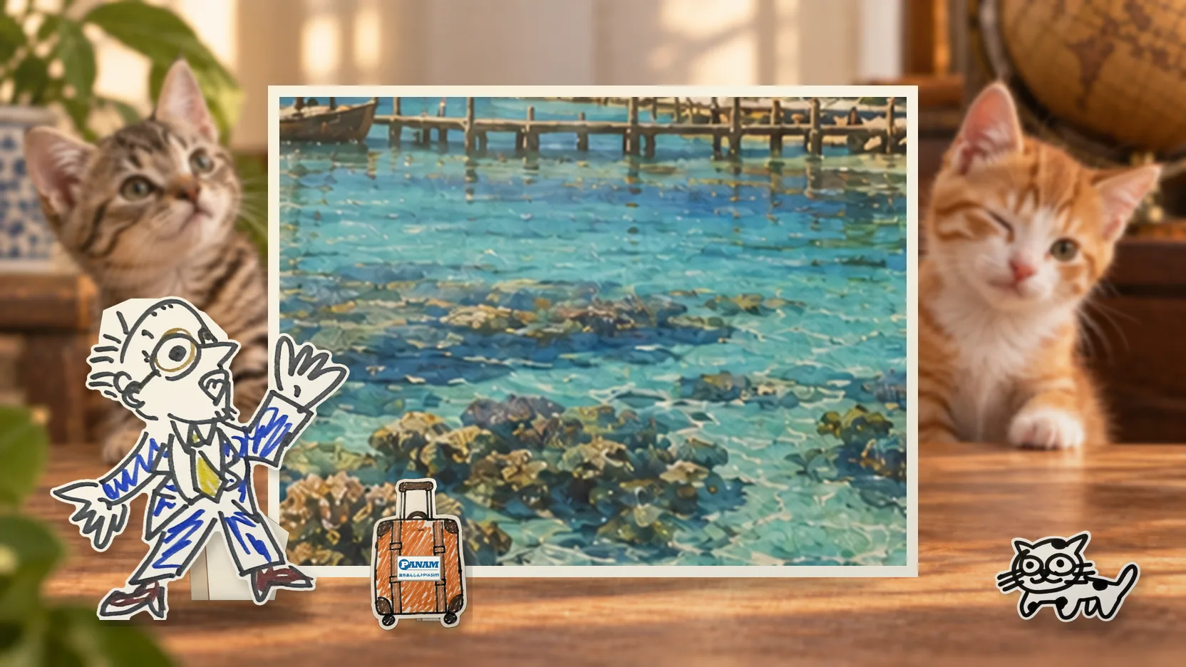 Hondurasの名勝「c.1650 Roatán coral lagoon and palms」を背景に、紙人形のメガネの男性がスマートフォンを持って旅先を眺めるコラージュ