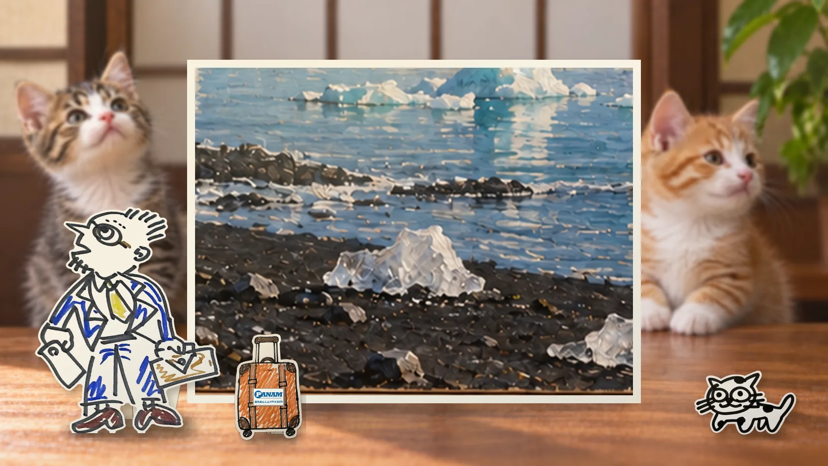 Icelandの名勝「c.1650 Jökulsárlón glacial lagoon and black sand」を背景に、紙人形のメガネの男性がスマートフォンを持って旅先を眺めるコラージュ